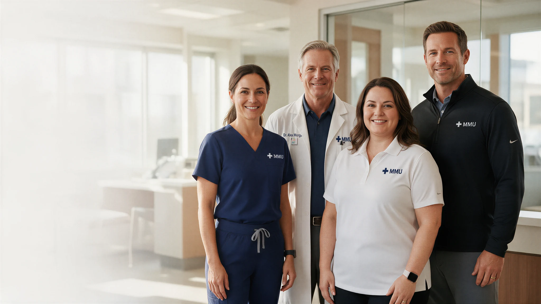 Four healthcare team members wearing matching cross and MMU embroidered uniforms, with Dr. Alex Morgan embroidered on the doctor's lab coat