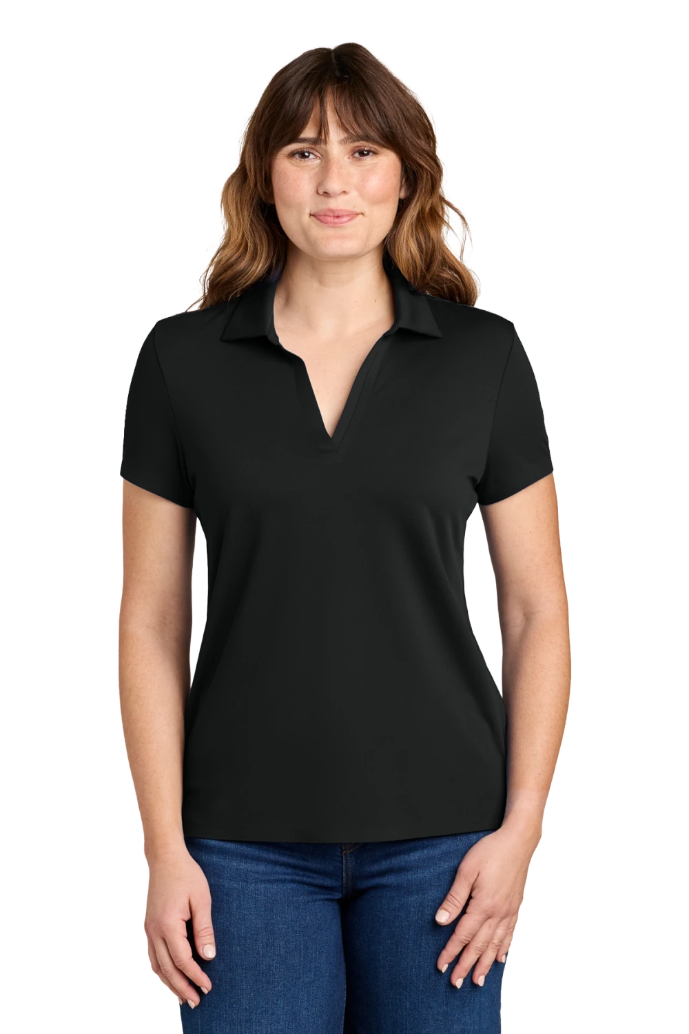 Female supplier model wearing a black professional polo