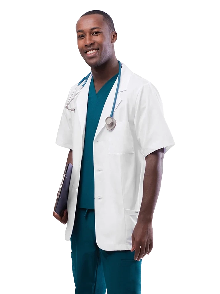 Male supplier model wearing a white lab coat over teal scrubs